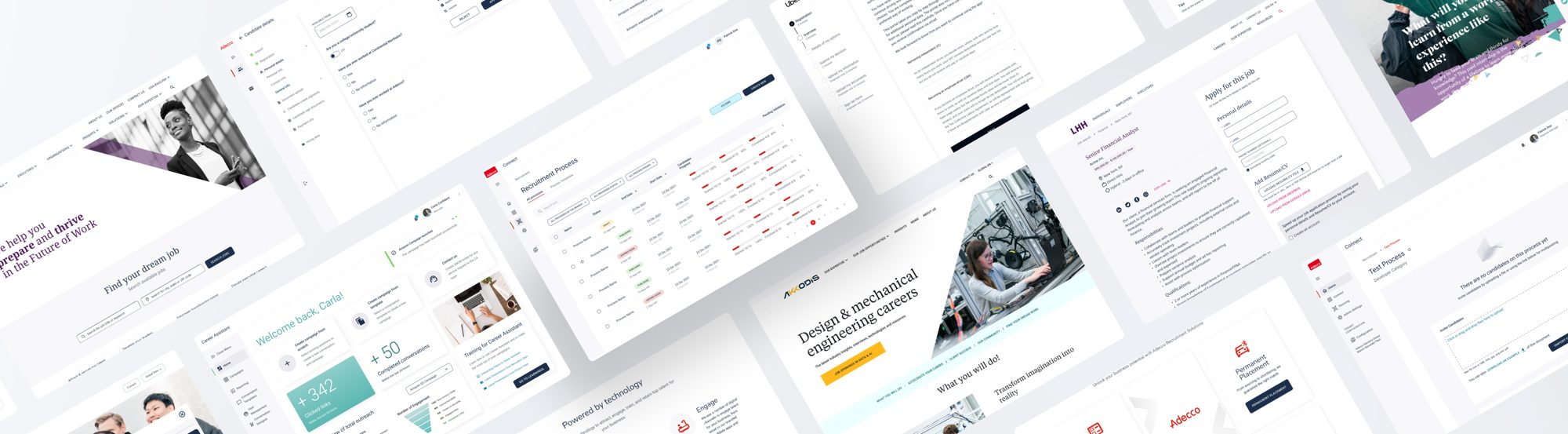 Collage of products built with the TAG Design System: Adecco, LHH and Akkodis web pages, a recruitment dashboard, a career assistant and job application forms.